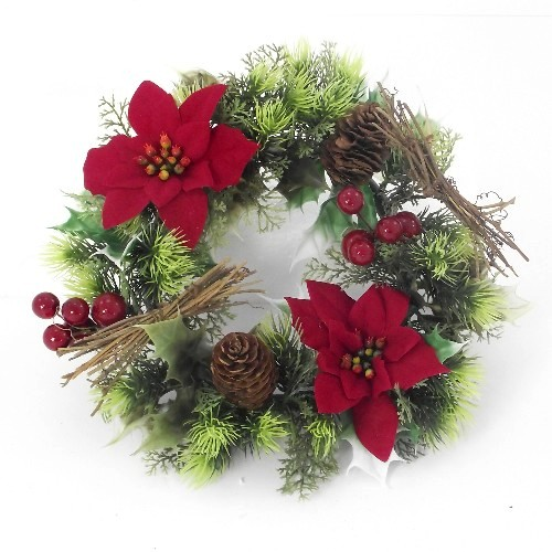 11'' Red Poinsettia, Pine Cone & Holly Christmas Wreath