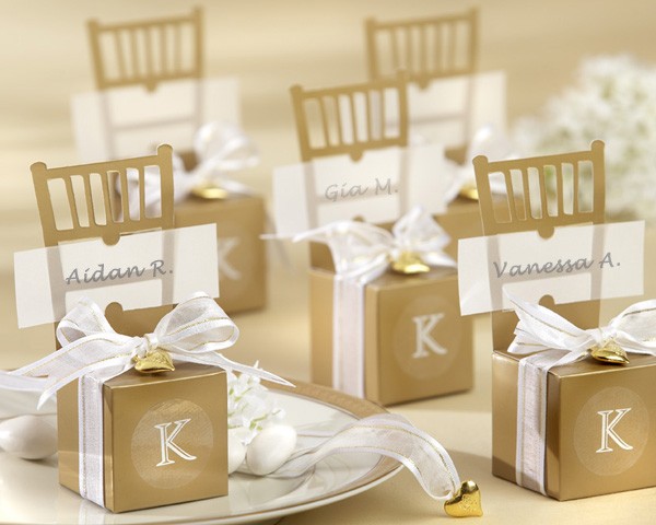 Miniature Gold Chair Favour Box with Heart Charm and Ribbon