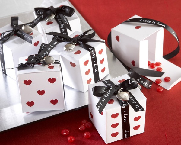 "Lucky in Love" Dice Favour Boxes with Imprinted Ribbon and Heart Charm