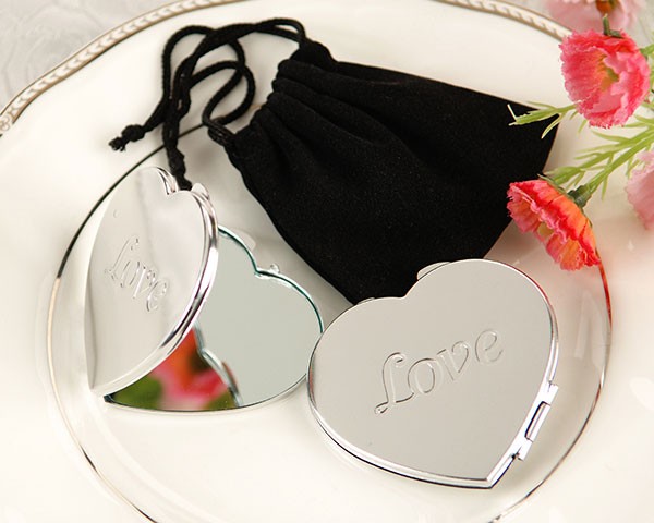 "Love" Heart-Shaped Compact Mirror in Black Velvet Pouch